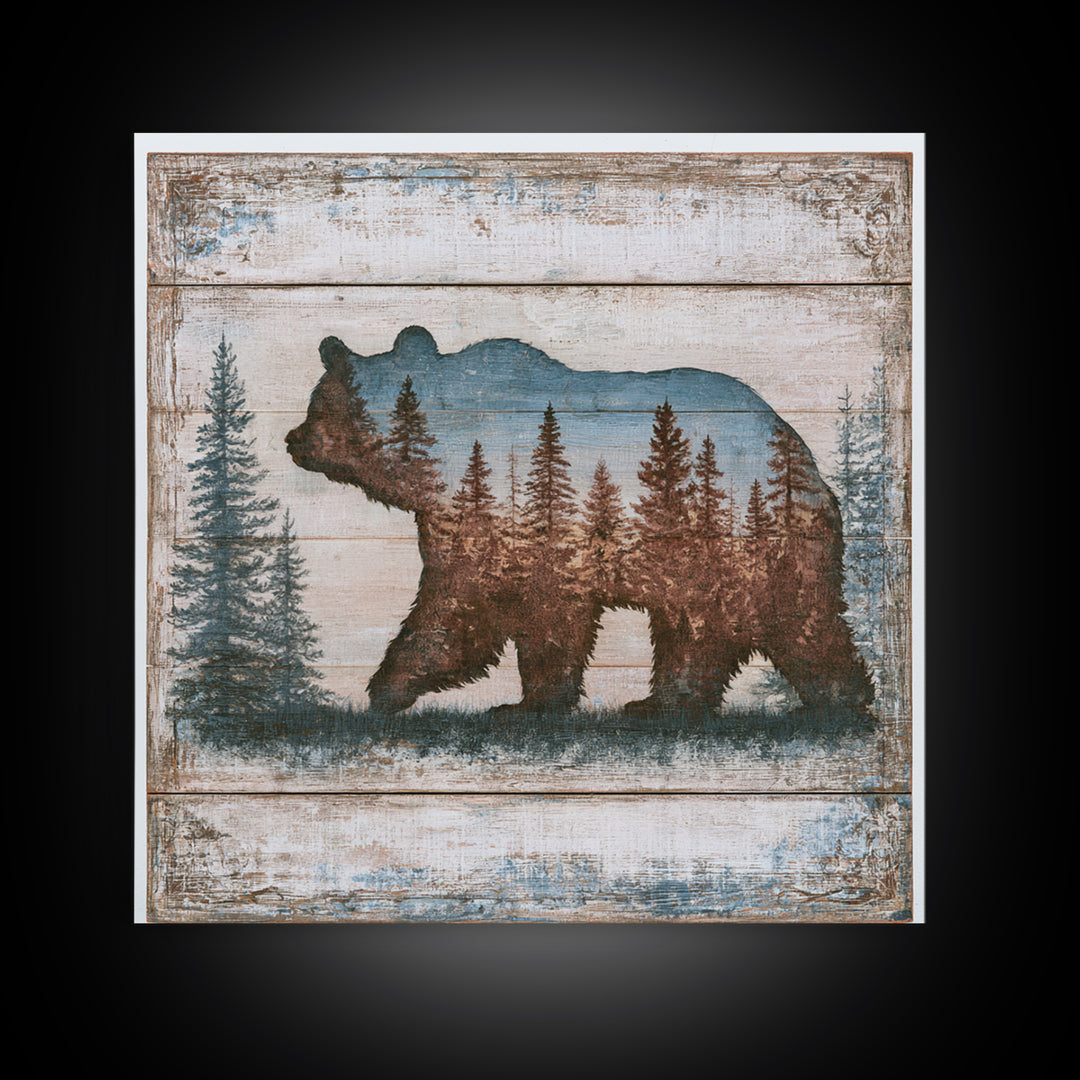 Bear Silhouette Among Pine Trees Canvas Print, Rustic Art, Downloadable Art, Farmhouse Decor, Watercolor Art, Rustic, RUS-1x1-55