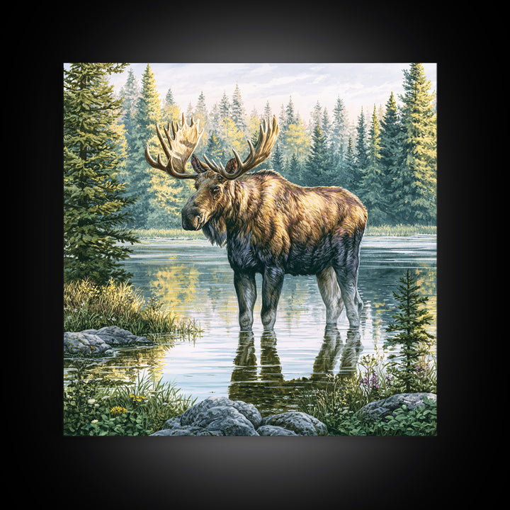 Moose Standing by a Quiet Lake Framed Canvas Print, Rustic Art, Fine Art Print, Farmhouse Decor, Fine Art, Rustic, Painting, RUS-1x1-57