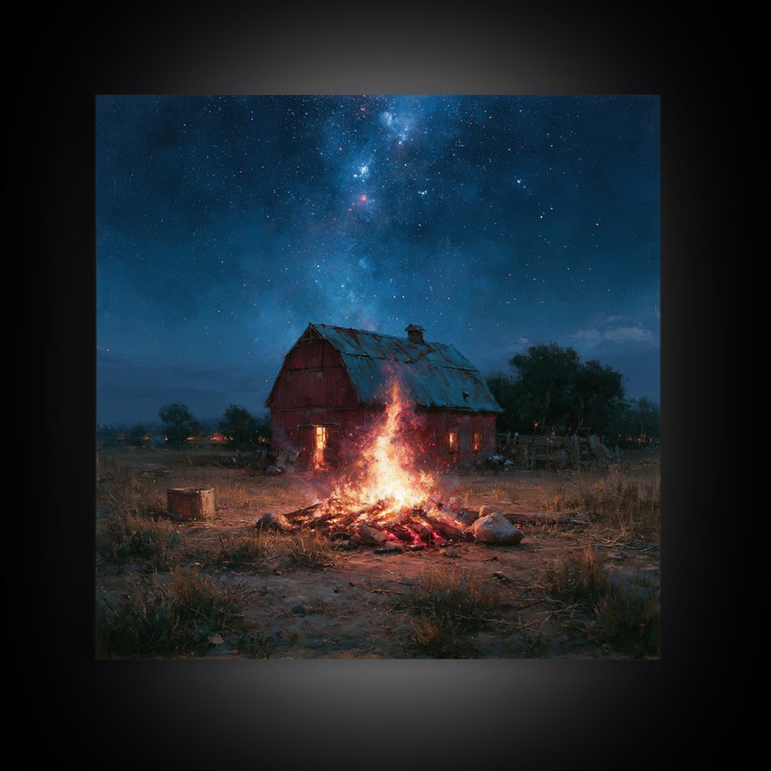 Campfire under a Starry Sky Framed Canvas Print, Rustic Art, Landscape Wall Art, Farmhouse Decor, Watercolor Art, Rustic, RUS-1x1-58