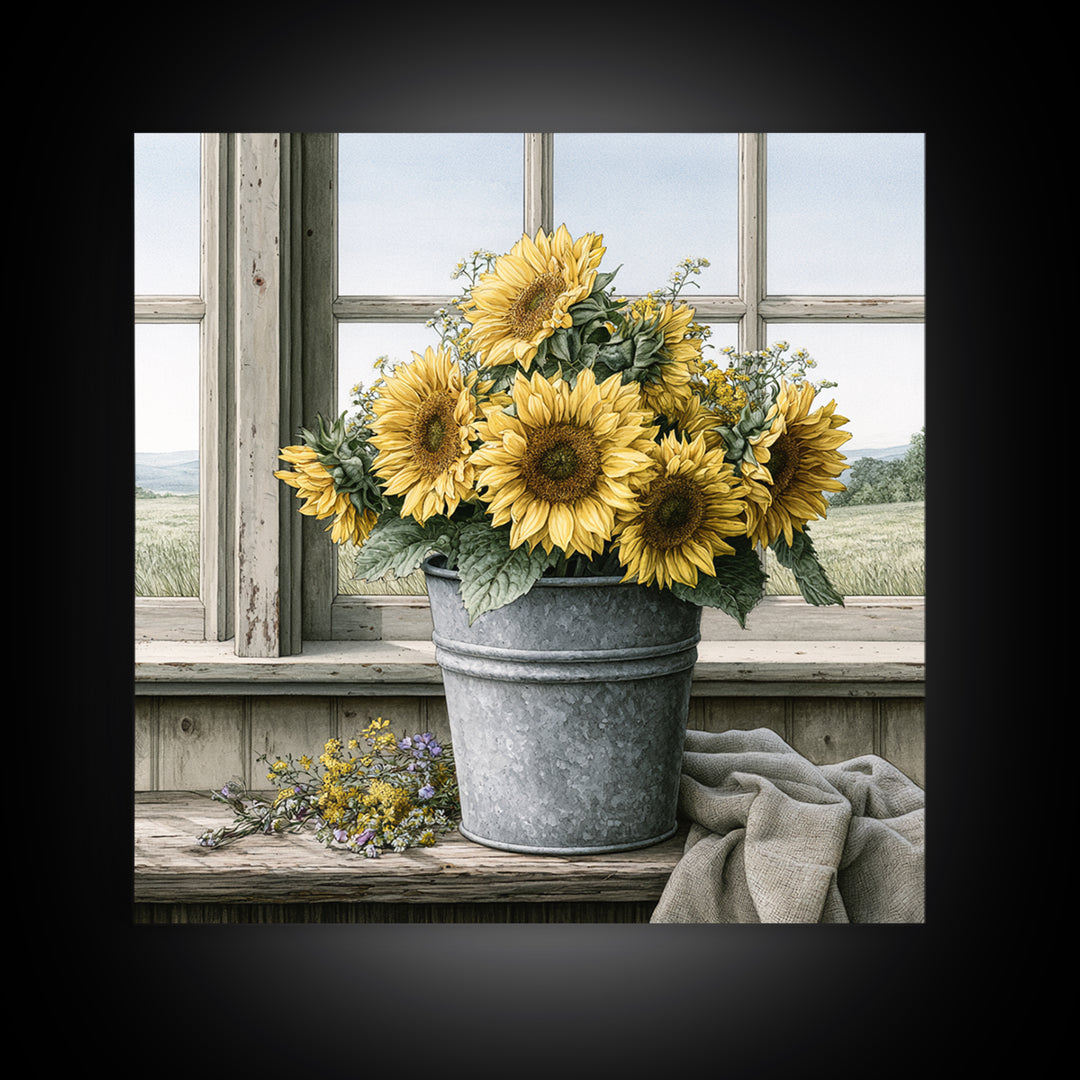 Sunflowers in a Metal Bucket Canvas Print, Rustic Art, Modern Art, Farmhouse Decor, Rustic, Neutral Decor, Modern Decor, RUS-1x1-60