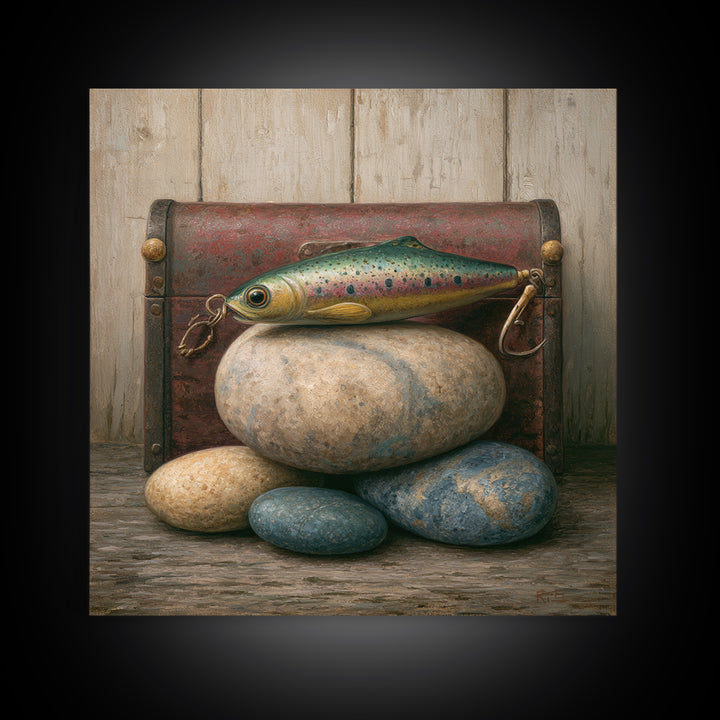 Trout Fishing Lure and River Stones Framed Canvas Print, Rustic Art, Landscape Art, Farmhouse Decor, Fine Art, Rustic, RUS-1x1-62