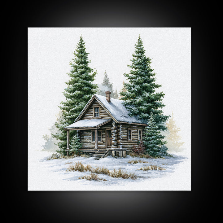 Log Cabin with Snowy Pines Framed Canvas Print, Rustic Art, Gallery Wall Set, Farmhouse Decor, Rustic, Minimalist Decor, RUS-1x1-63
