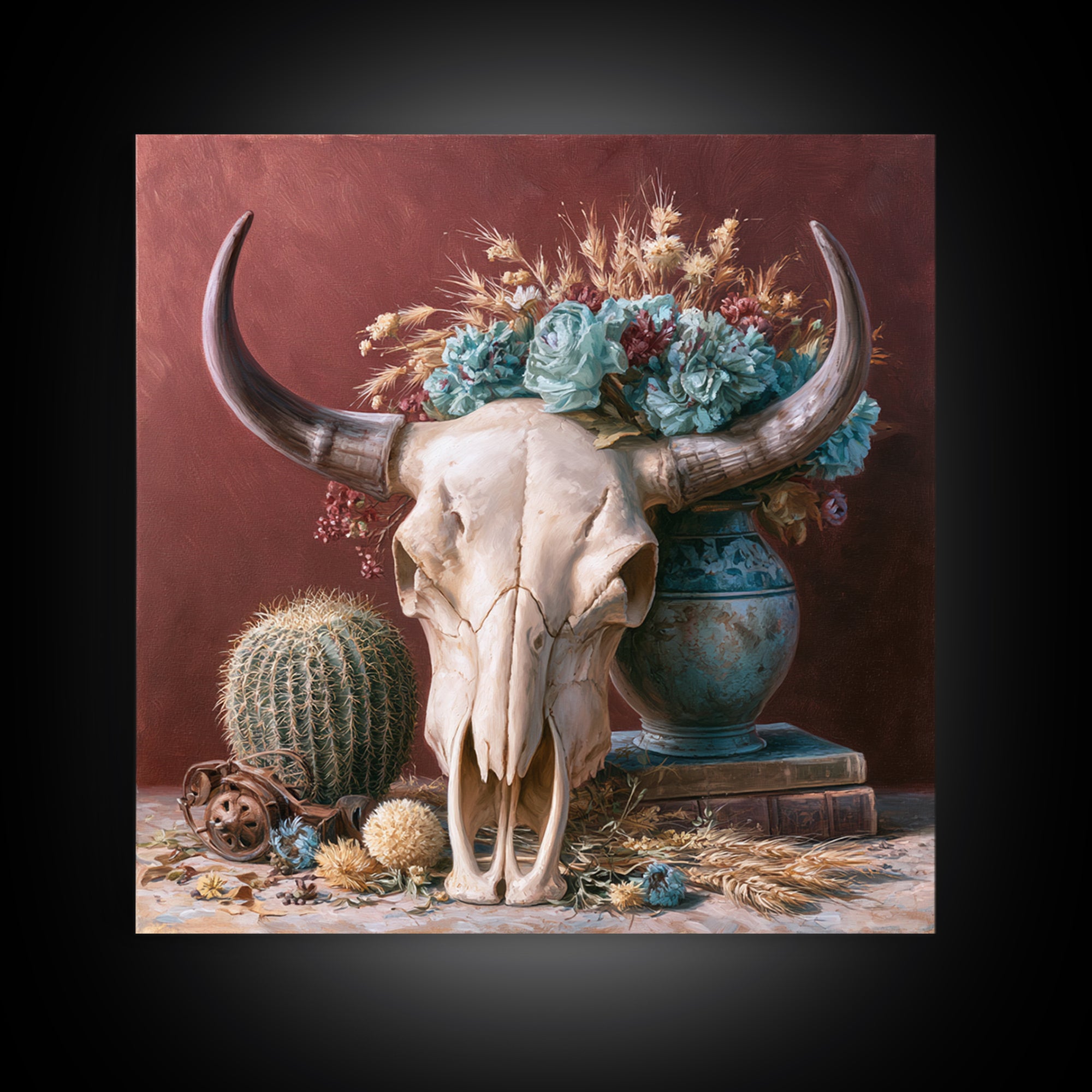 Cow Skull with Desert Flowers Framed Canvas Print, Rustic Art, Gallery Decor, Farmhouse Decor, Oil Painting, Rustic, RUS-1x1-65