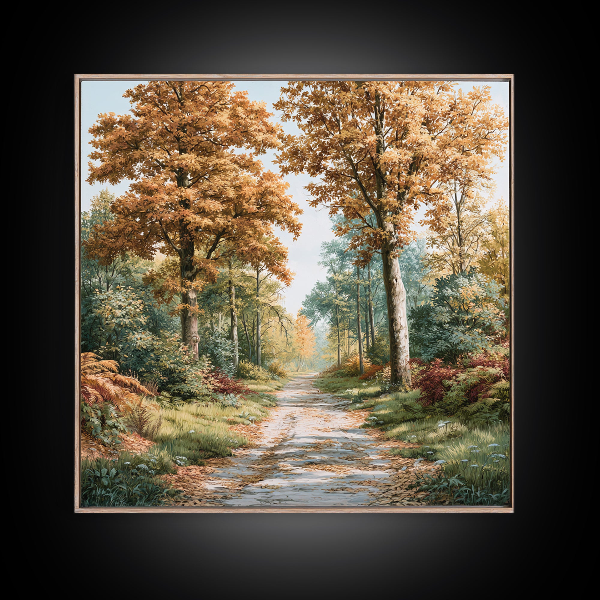 Forest Path with Golden Autumn Leaves Framed Canvas Print, Rustic Art, Eclectic Wall Art, Farmhouse Decor, Fine Art, Rustic, RUS-1x1-66