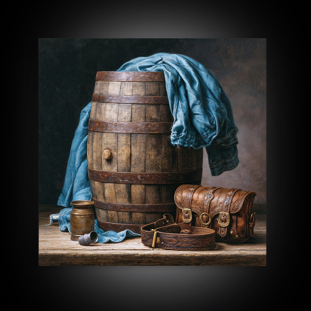 Whiskey Barrel and Leather Still Life Framed Canvas Print, Rustic Art, Gallery Decor, Farmhouse Decor, Fine Art, Rustic, RUS-1x1-67