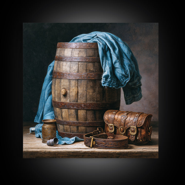 Whiskey Barrel and Leather Still Life Framed Canvas Print, Rustic Art, Gallery Decor, Farmhouse Decor, Fine Art, Rustic, RUS-1x1-67