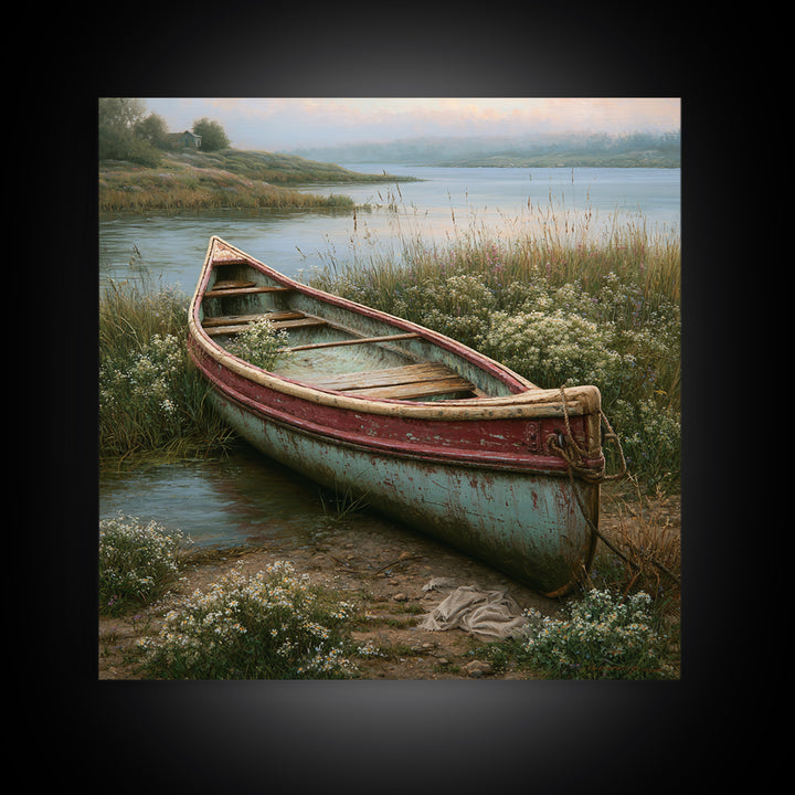 Old Canoe Pulled Onto a Lake Shore Framed Canvas Print, Rustic Art, Eclectic Wall Art, Farmhouse Decor, Oil Painting, Rustic, RUS-1x1-68