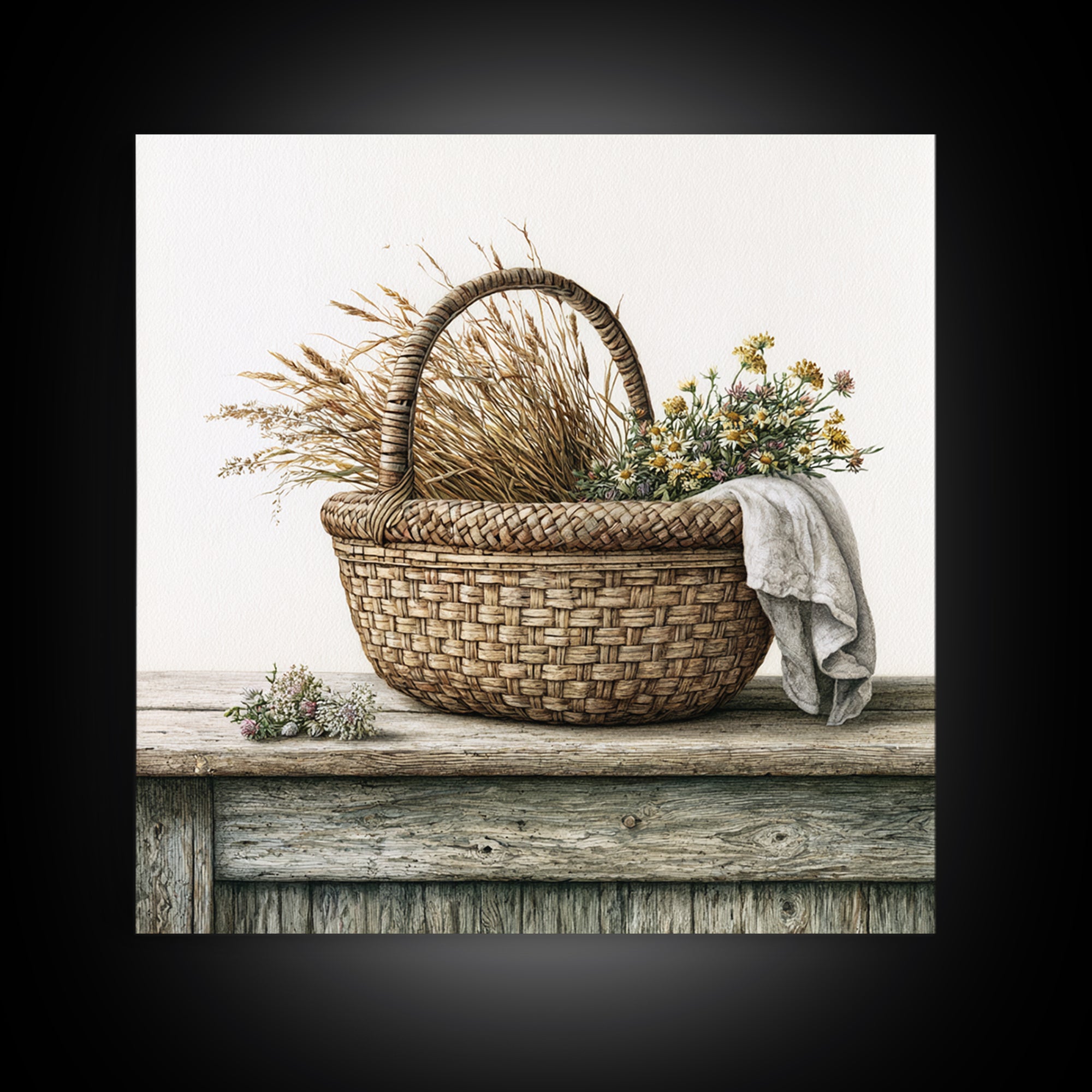Handwoven Basket with Dried Grasses Framed Canvas Print, Rustic Art, Gallery Wall Art, Farmhouse Decor, Abstract Art, Rustic, RUS-1x1-72