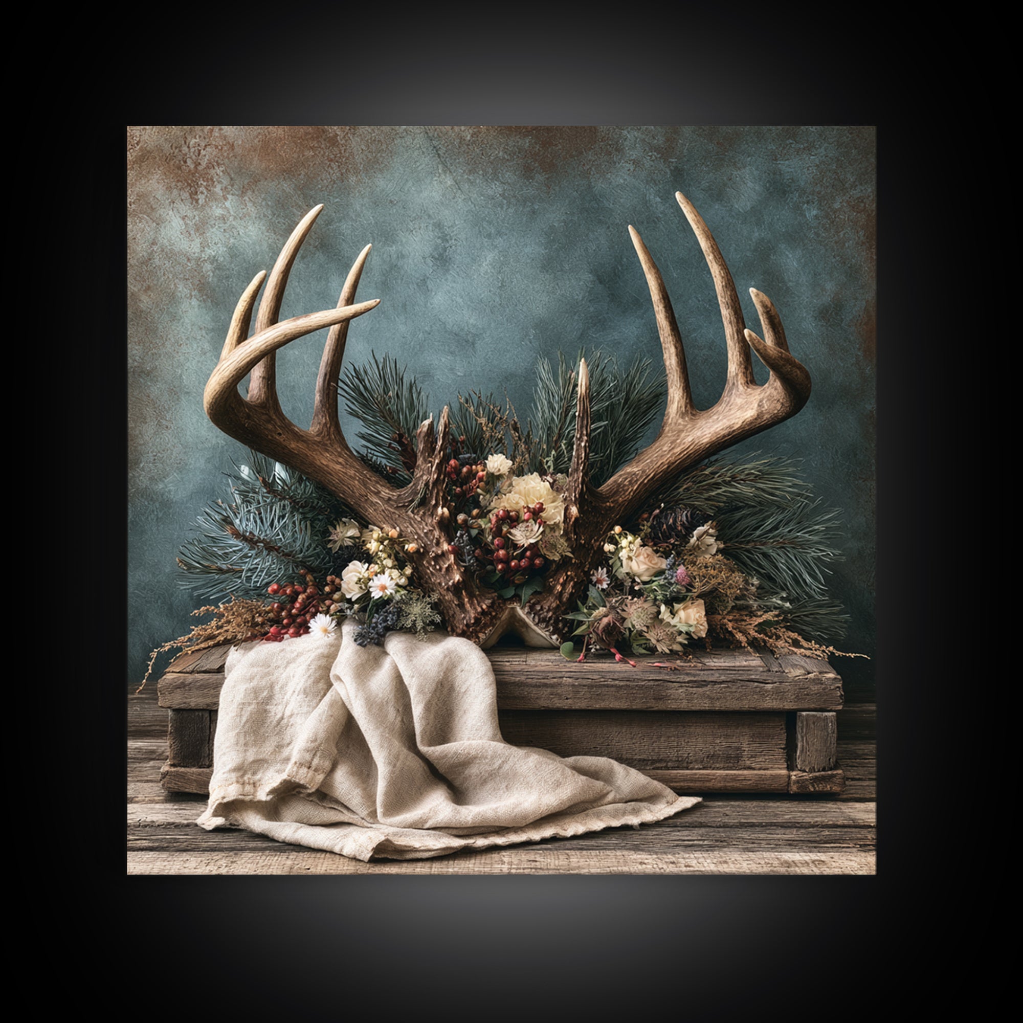 Deer Antlers with Pine Branches and Berries Framed Canvas Print, Rustic Art, Gallery Wall Set, Farmhouse Decor, Watercolor Art, RUS-1x1-74