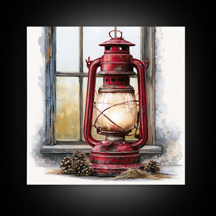 Rustic Lantern Glowing Beside Pinecones Canvas Print, Rustic Art, Portrait Painting, Farmhouse Decor, Fine Art, Rustic, RUS-1x1-76