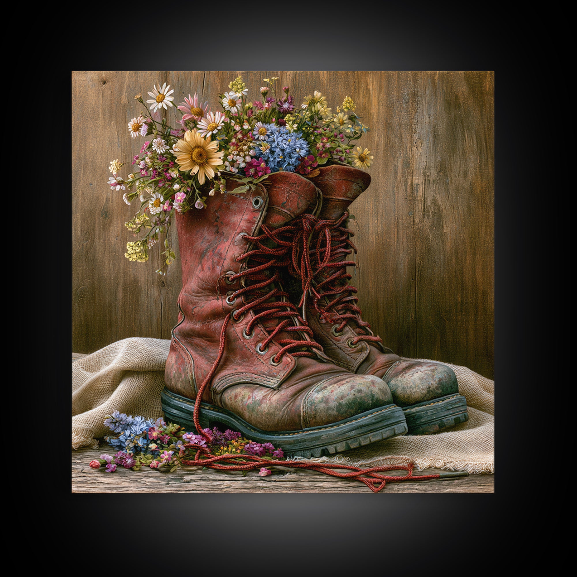 Old Boots Filled Framed Canvas Print, Rustic Art, Gallery Decor, Farmhouse Decor, Fine Art, Rustic, Contemporary Art, RUS-1x1-78