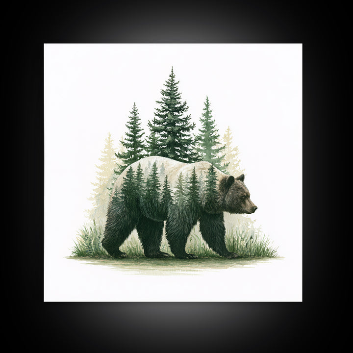 Bear Silhouette Among Pine Trees Framed Canvas Print, Rustic Art, Modern Decor, Farmhouse Decor, Oil Painting, Rustic, RUS-1x1-79