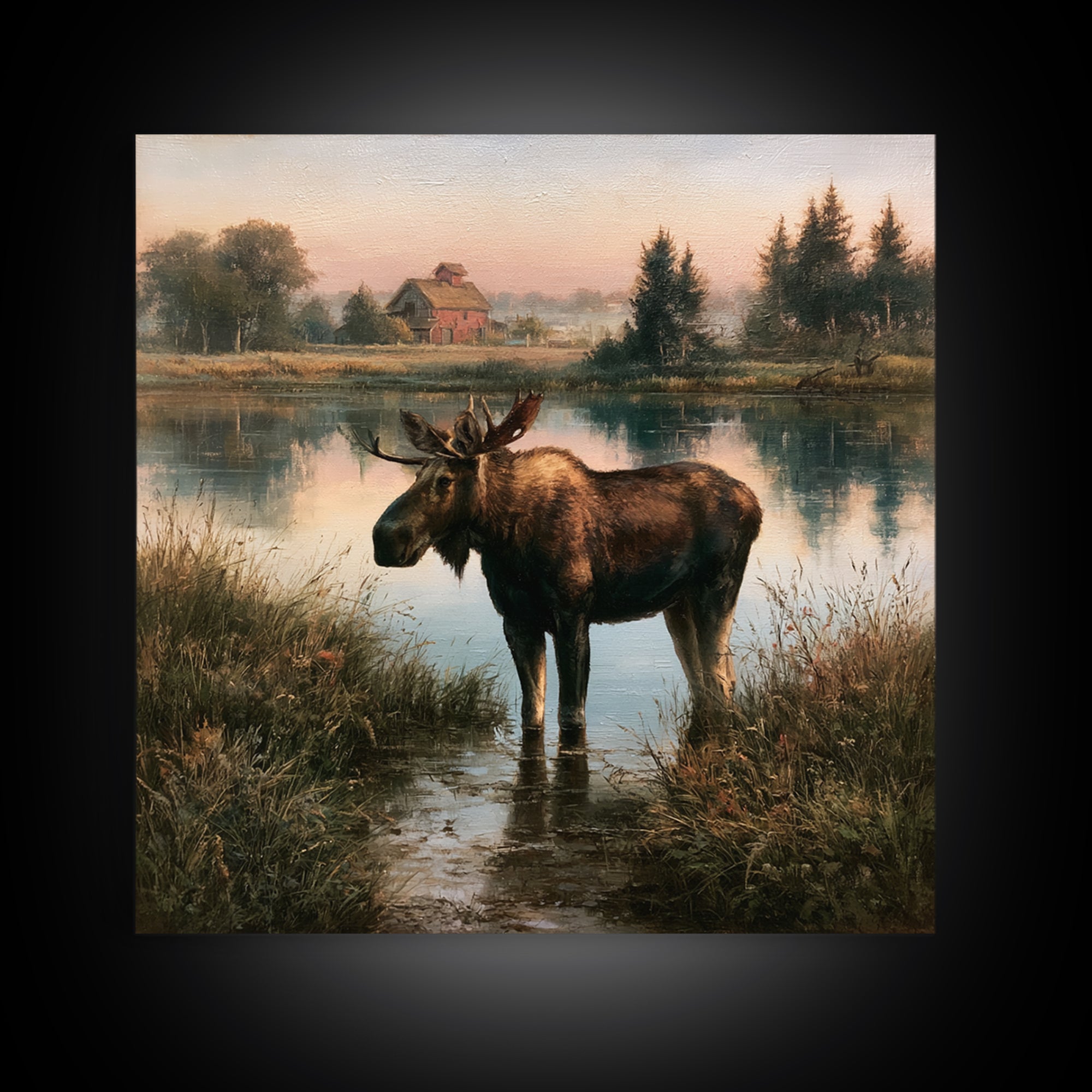 Moose Standing by a Quiet Lake Canvas Print, Rustic Art, Textured Painting, Farmhouse Decor, Oil Painting, Rustic, RUS-1x1-81