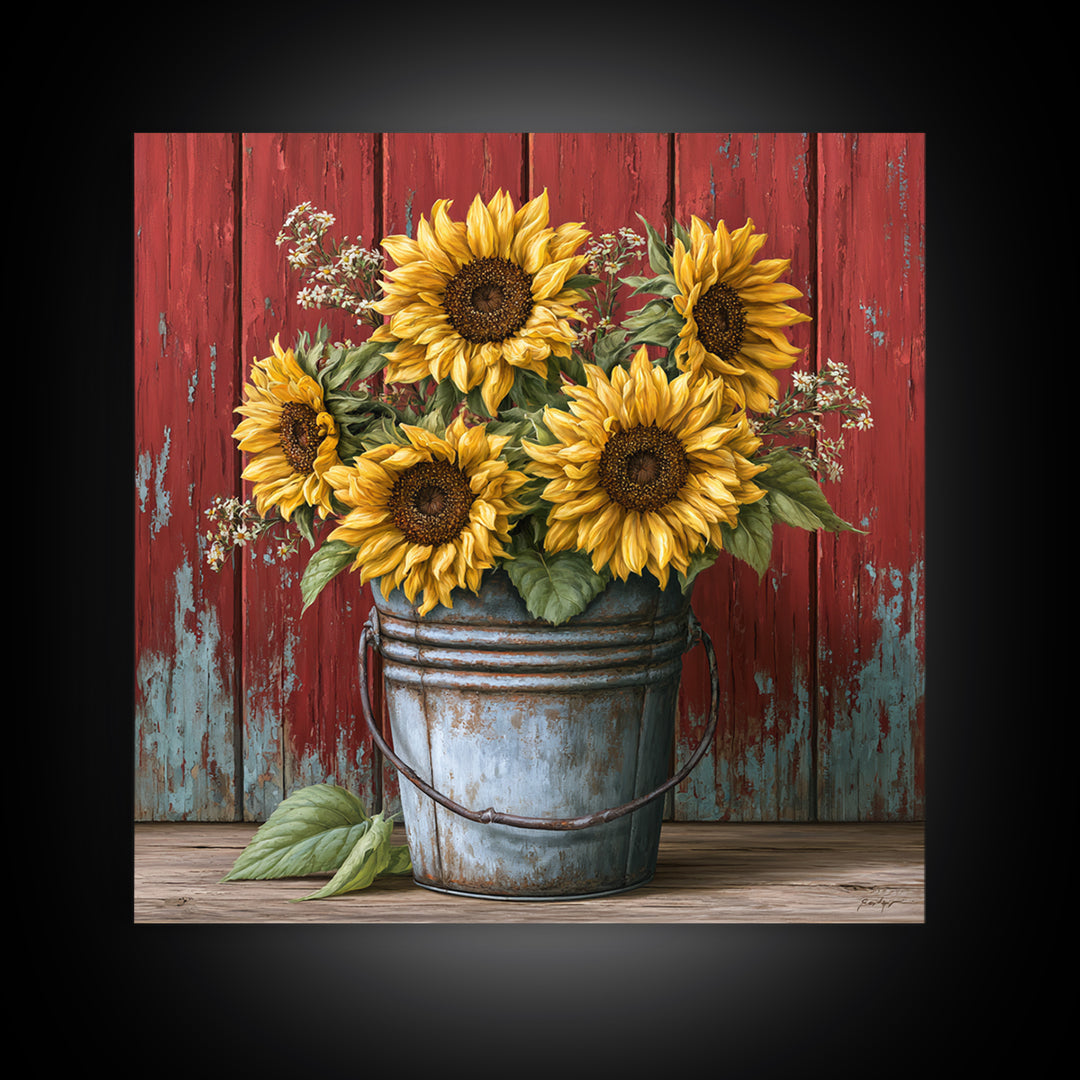 Sunflowers in a Metal Bucket Framed Canvas Print, Rustic Art, Landscape Wall Art, Farmhouse Decor, Rustic, Luxury Decor, RUS-1x1-84