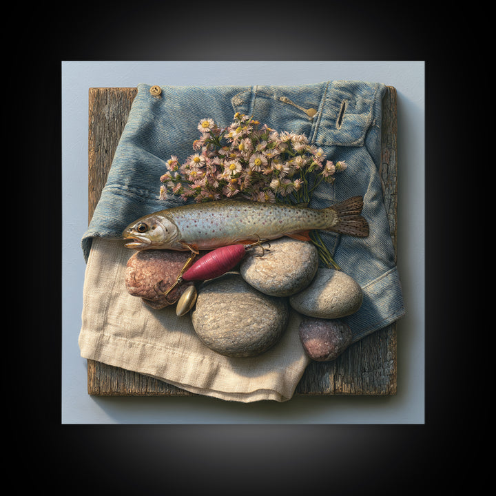 Trout Fishing Lure and River Stones Canvas Print, Rustic Art, Neutral Decor, Farmhouse Decor, Fine Art, Rustic, Home Decor, RUS-1x1-86
