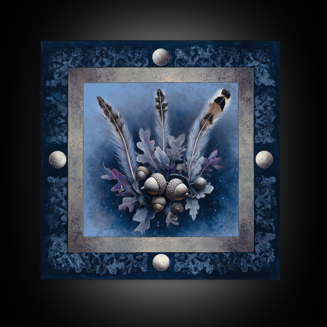 Pheasant Feathers and Acorns Arrangement Framed Canvas Print, Rustic Art, Textured Painting, Farmhouse Decor, Fine Art, Rustic, RUS-1x1-88
