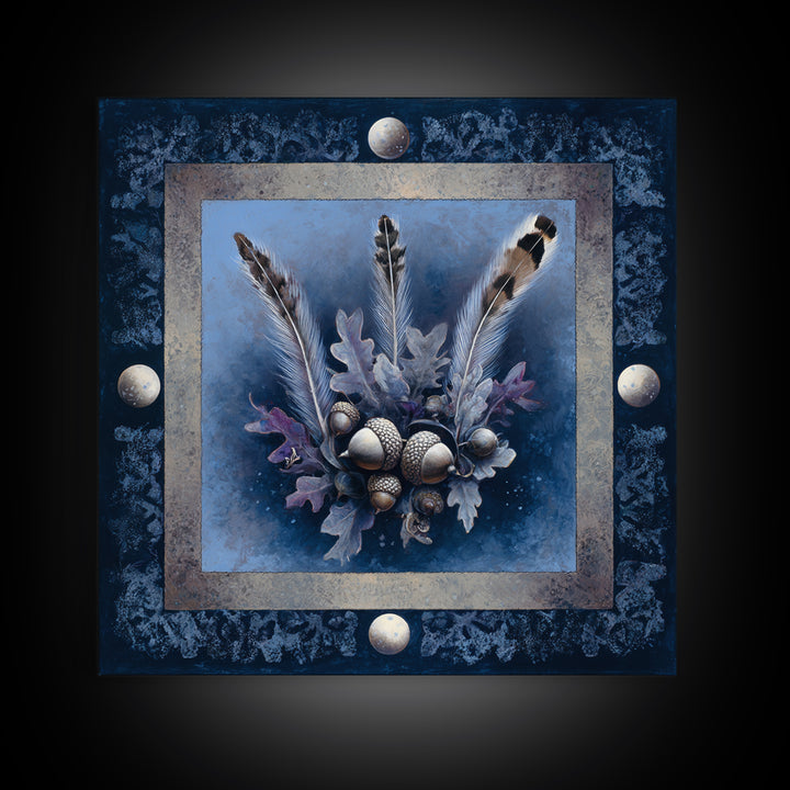Pheasant Feathers and Acorns Arrangement Framed Canvas Print, Rustic Art, Textured Painting, Farmhouse Decor, Fine Art, Rustic, RUS-1x1-88