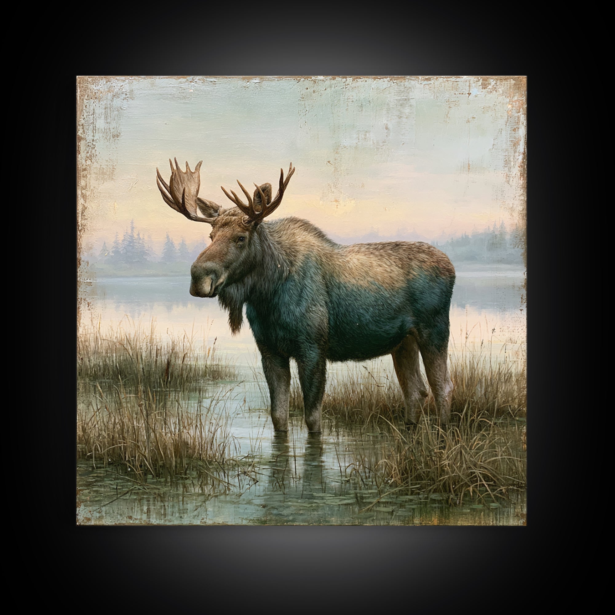 Moose Standing by a Quiet Lake Canvas Print, Rustic Art, Living Room Art, Farmhouse Decor, Watercolor Art, Rustic, RUS-1x1-9