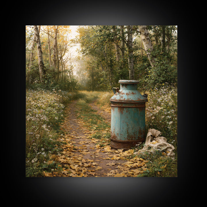 Forest Path with Golden Autumn Leaves Canvas Print, Rustic Art, Downloadable Art, Farmhouse Decor, Oil Painting, Rustic, RUS-1x1-90