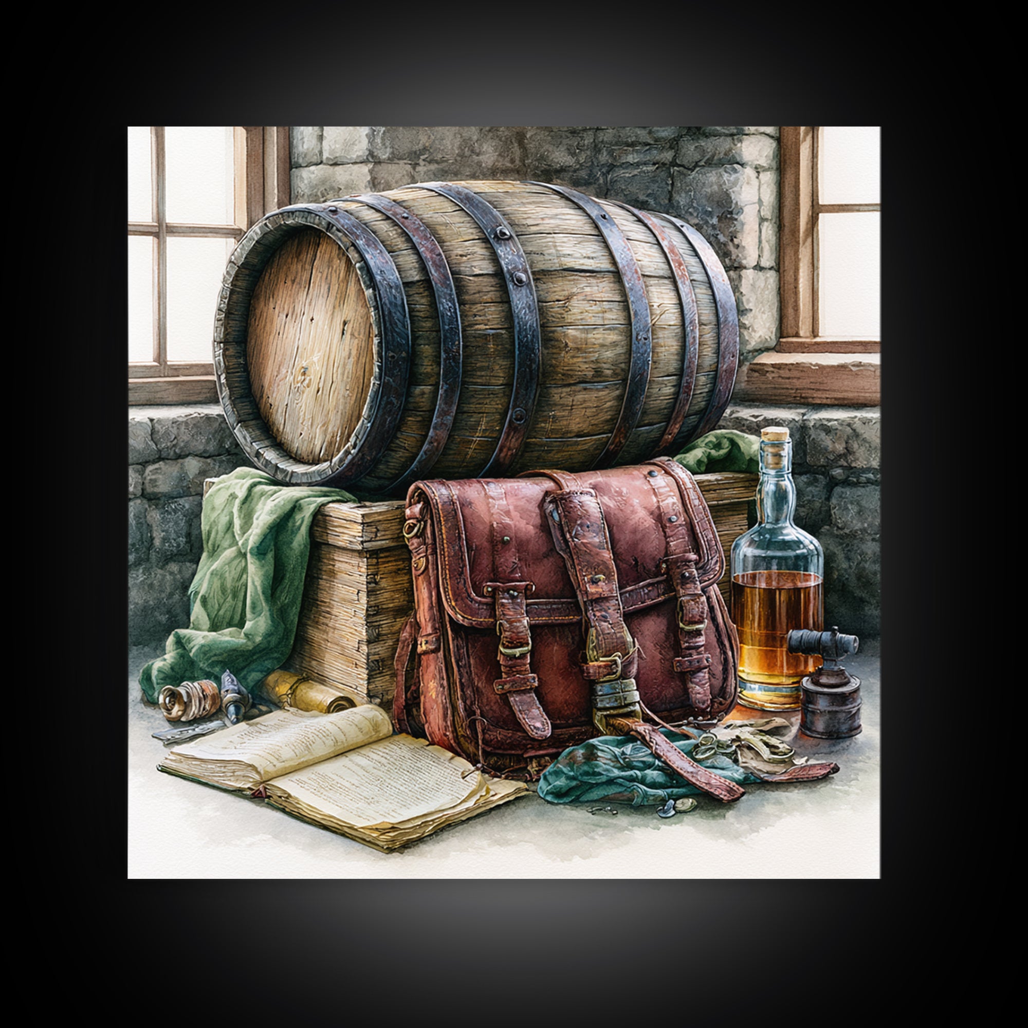 Whiskey Barrel and Leather Still Life Canvas Print, Rustic Art, Boho Decor, Farmhouse Decor, Fine Art, Rustic, Art Print, RUS-1x1-91