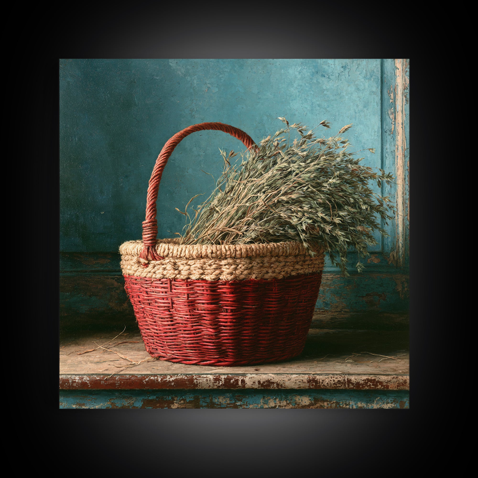 Handwoven Basket with Dried Grasses Framed Canvas Print, Rustic Art, Digital Prints, Farmhouse Decor, Fine Art, Rustic, RUS-1x1-96