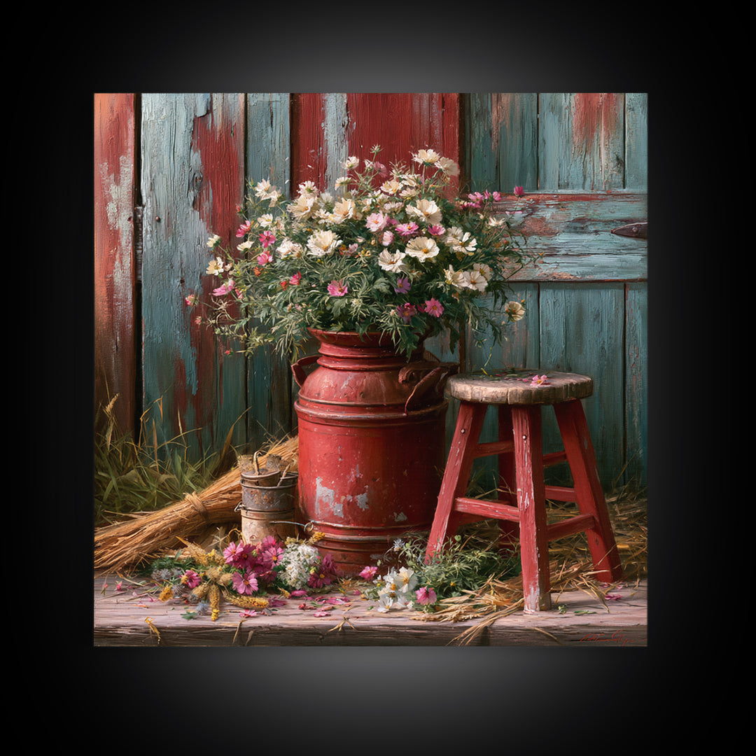 Weathered Barn Wood and Wildflower Still Life Canvas Print, Rustic Art, Wall Art, Farmhouse Decor, Rustic, Living Room Decor, RUS-1x1-97