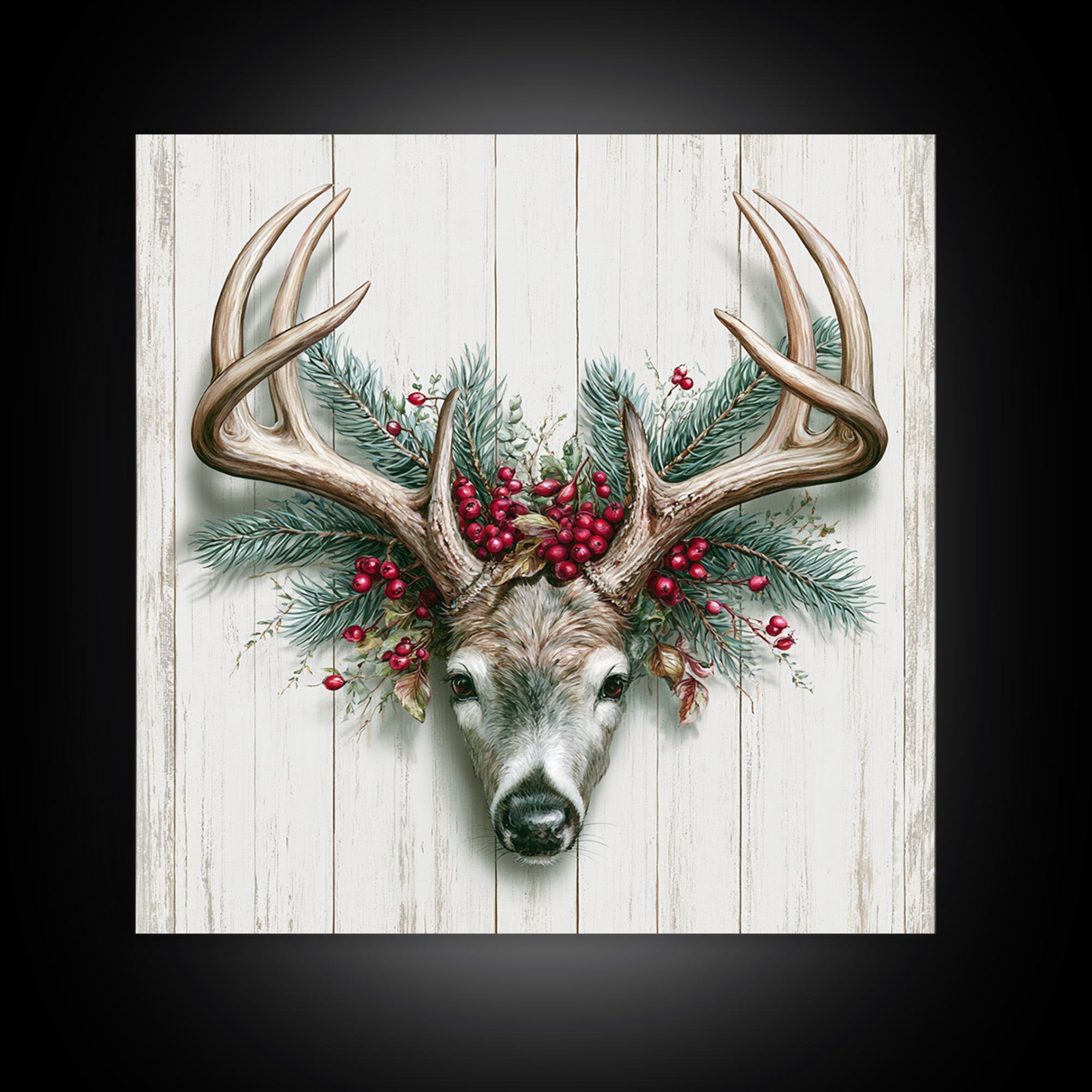 Deer Antlers with Pine Branches and Berries Canvas Print, Rustic Art, Statement Artwork, Farmhouse Decor, Fine Art, Rustic, RUS-1x1-98