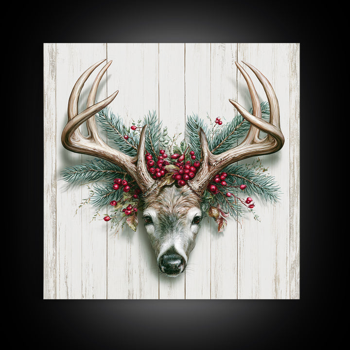 Deer Antlers with Pine Branches and Berries Canvas Print, Rustic Art, Statement Artwork, Farmhouse Decor, Fine Art, Rustic, RUS-1x1-98