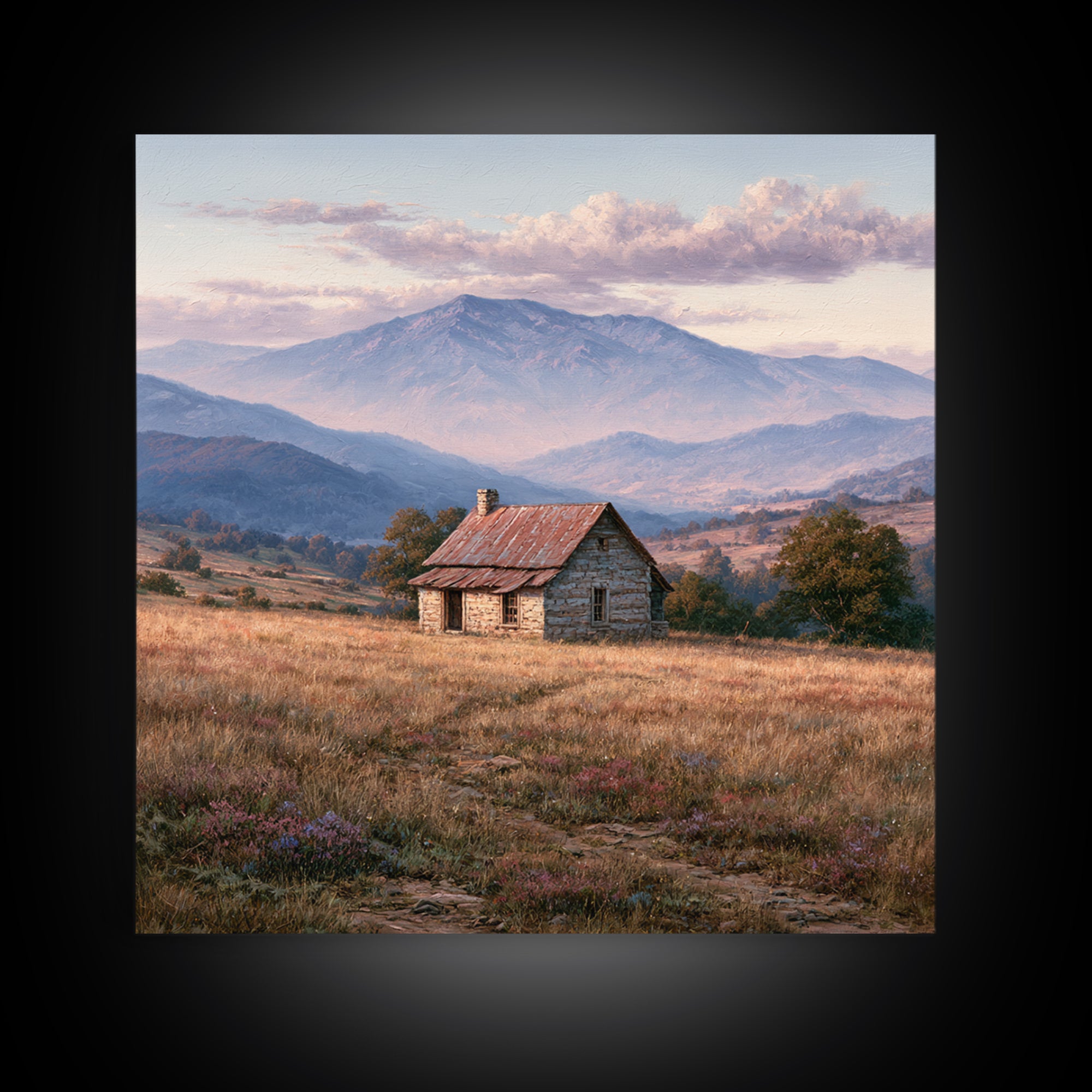 Mountain Cabin Landscape Canvas Print, Rustic Art, Wall Art, Farmhouse Decor, Oil Painting, Rustic, Living Room Decor, RUS-1x1-99
