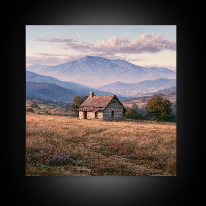 Mountain Cabin Landscape Canvas Print, Rustic Art, Wall Art, Farmhouse Decor, Oil Painting, Rustic, Living Room Decor, RUS-1x1-99