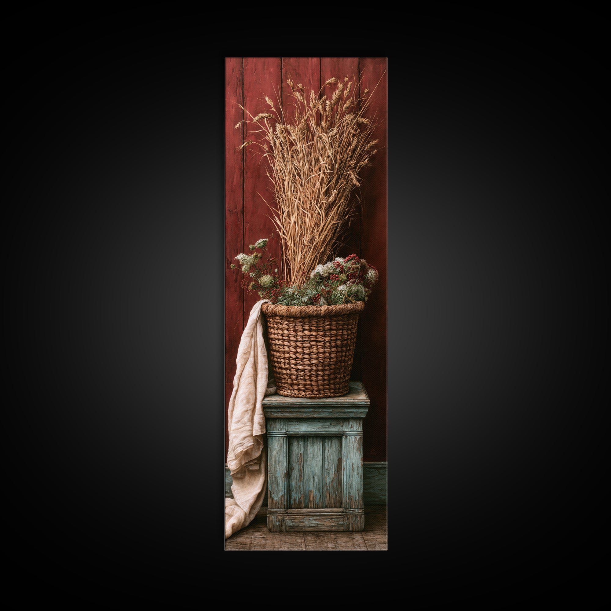 Handwoven Basket with Dried Grasses Canvas Print, Rustic Art, Statement Artwork, Farmhouse Decor, Oil Painting, Rustic, RUS-1x3-12