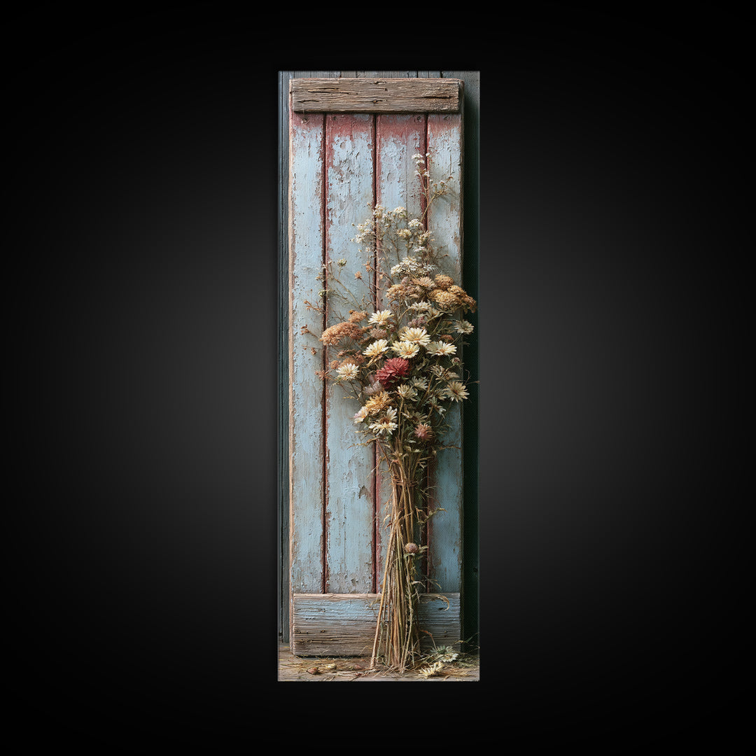 Weathered Barn Wood and Wildflower Still Life Canvas Print, Rustic Art, Fine Art Print, Farmhouse Decor, Oil Painting, Rustic, RUS-1x3-13