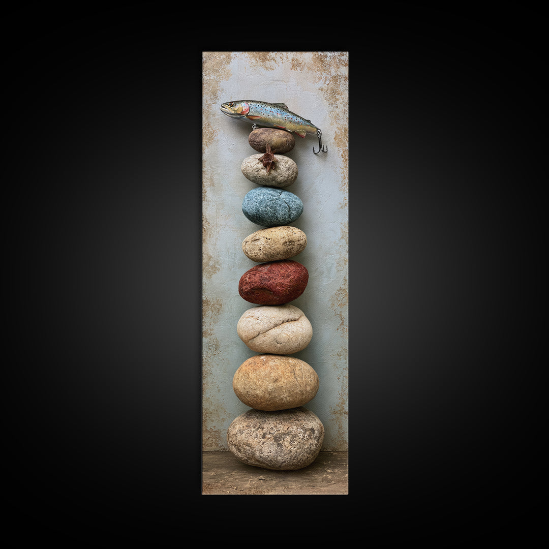 Trout Fishing Lure and River Stones Canvas Print, Rustic Art, Farmhouse Wall Art, Farmhouse Decor, Rustic, Statement Artwork, RUS-1x3-2