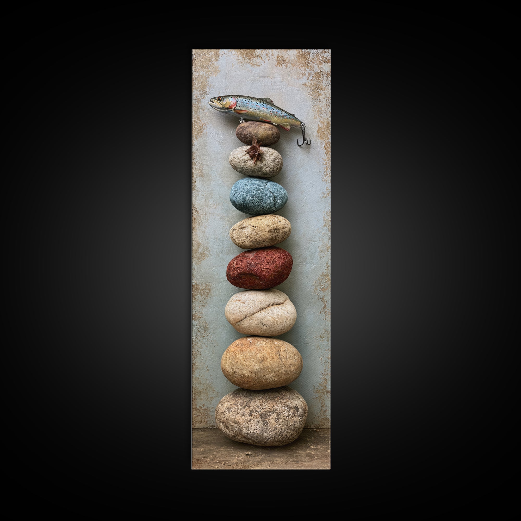 Trout Fishing Lure and River Stones Canvas Print, Rustic Art, Farmhouse Wall Art, Farmhouse Decor, Rustic, Statement Artwork, RUS-1x3-2