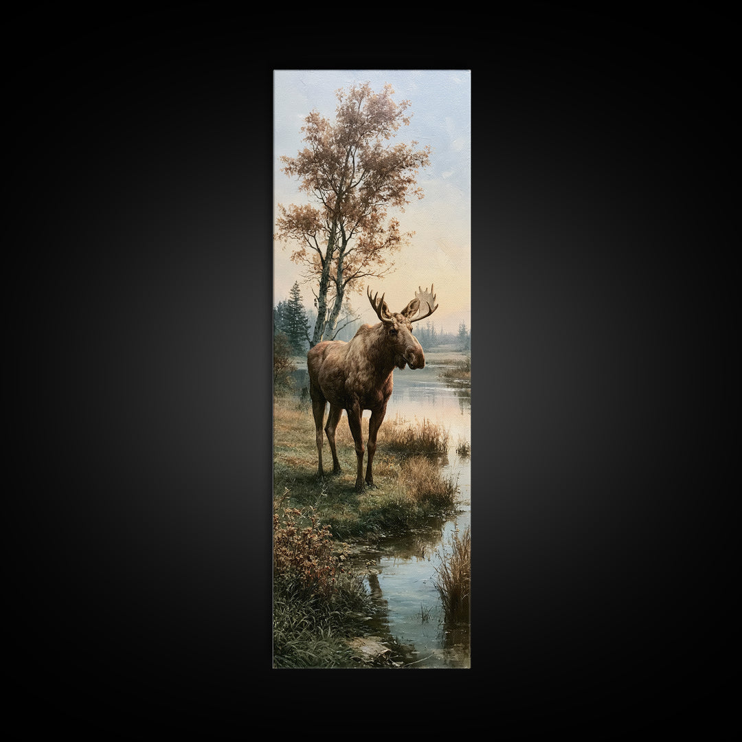 Moose Standing by a Quiet Lake Canvas Print, Rustic Art, Gallery Decor, Farmhouse Decor, Fine Art, Rustic, Contemporary Art, RUS-1x3-21