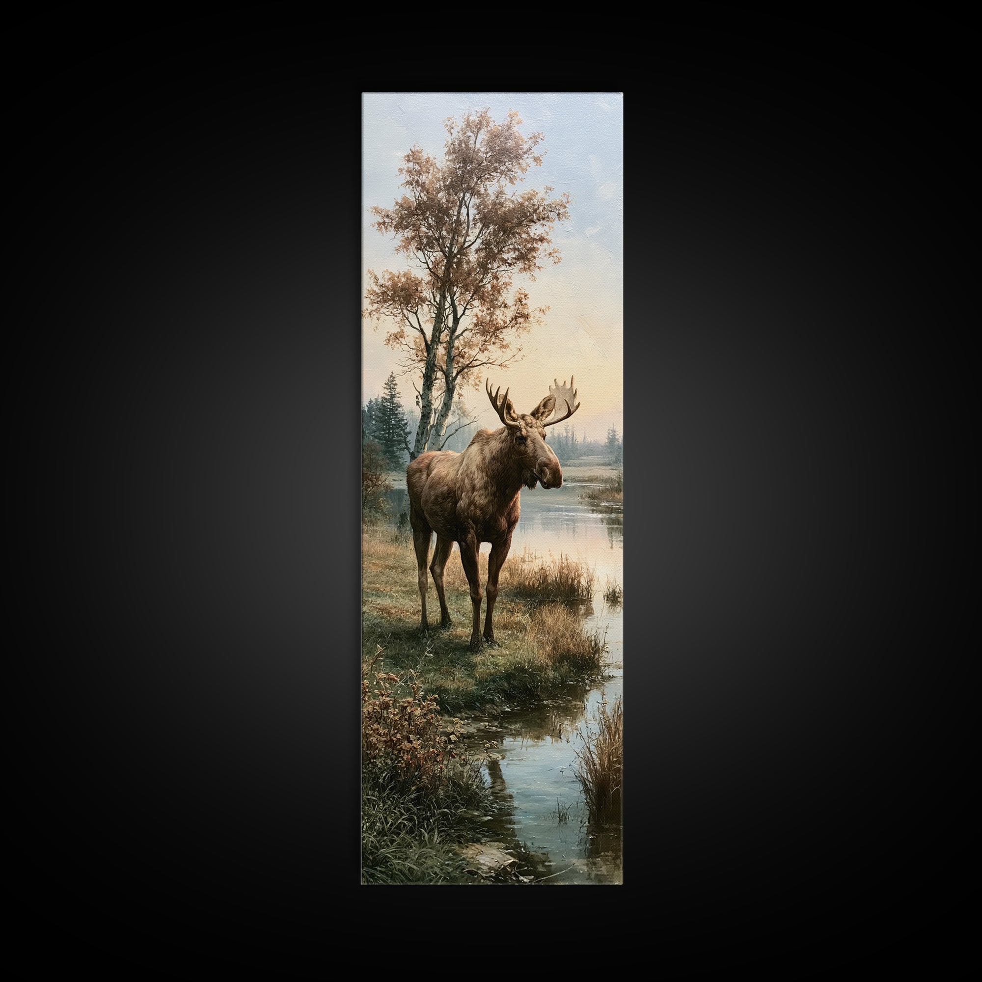 Moose Standing by a Quiet Lake Canvas Print, Rustic Art, Gallery Decor, Farmhouse Decor, Fine Art, Rustic, Contemporary Art, RUS-1x3-21