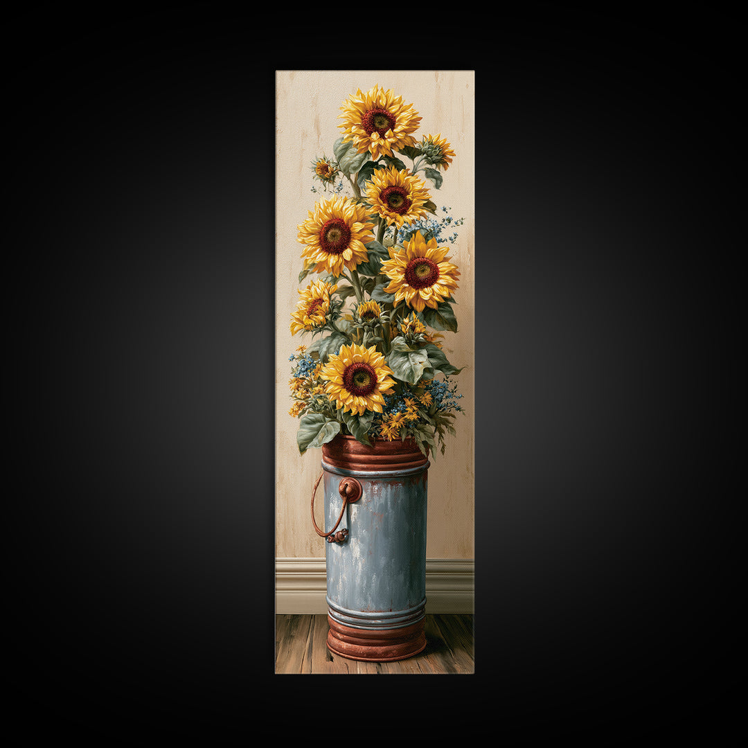 Sunflowers in a Metal Bucket Framed Canvas Print, Rustic Art, Luxury Decor, Farmhouse Decor, Oil Painting, Rustic, RUS-1x3-24
