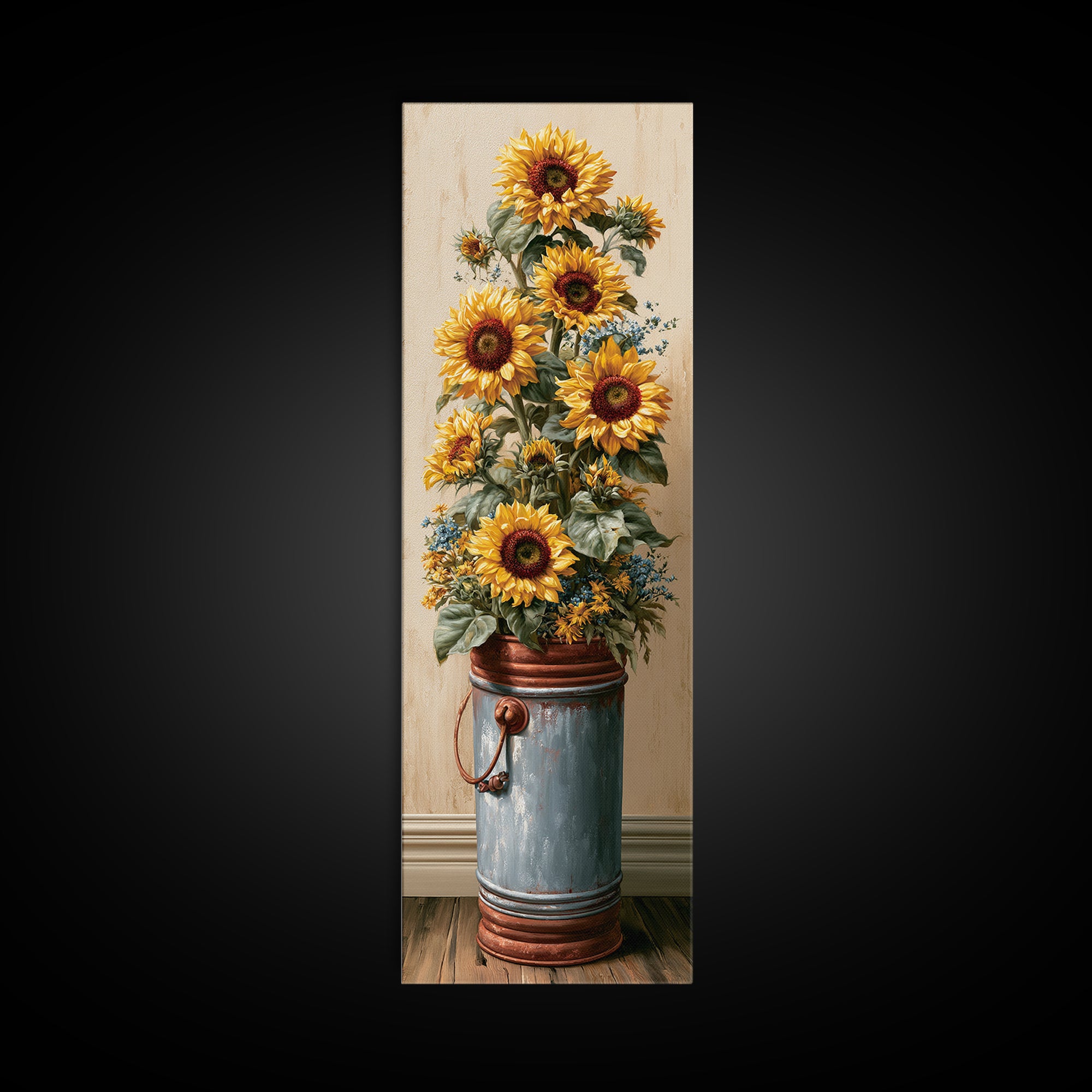 Sunflowers in a Metal Bucket Framed Canvas Print, Rustic Art, Luxury Decor, Farmhouse Decor, Oil Painting, Rustic, RUS-1x3-24