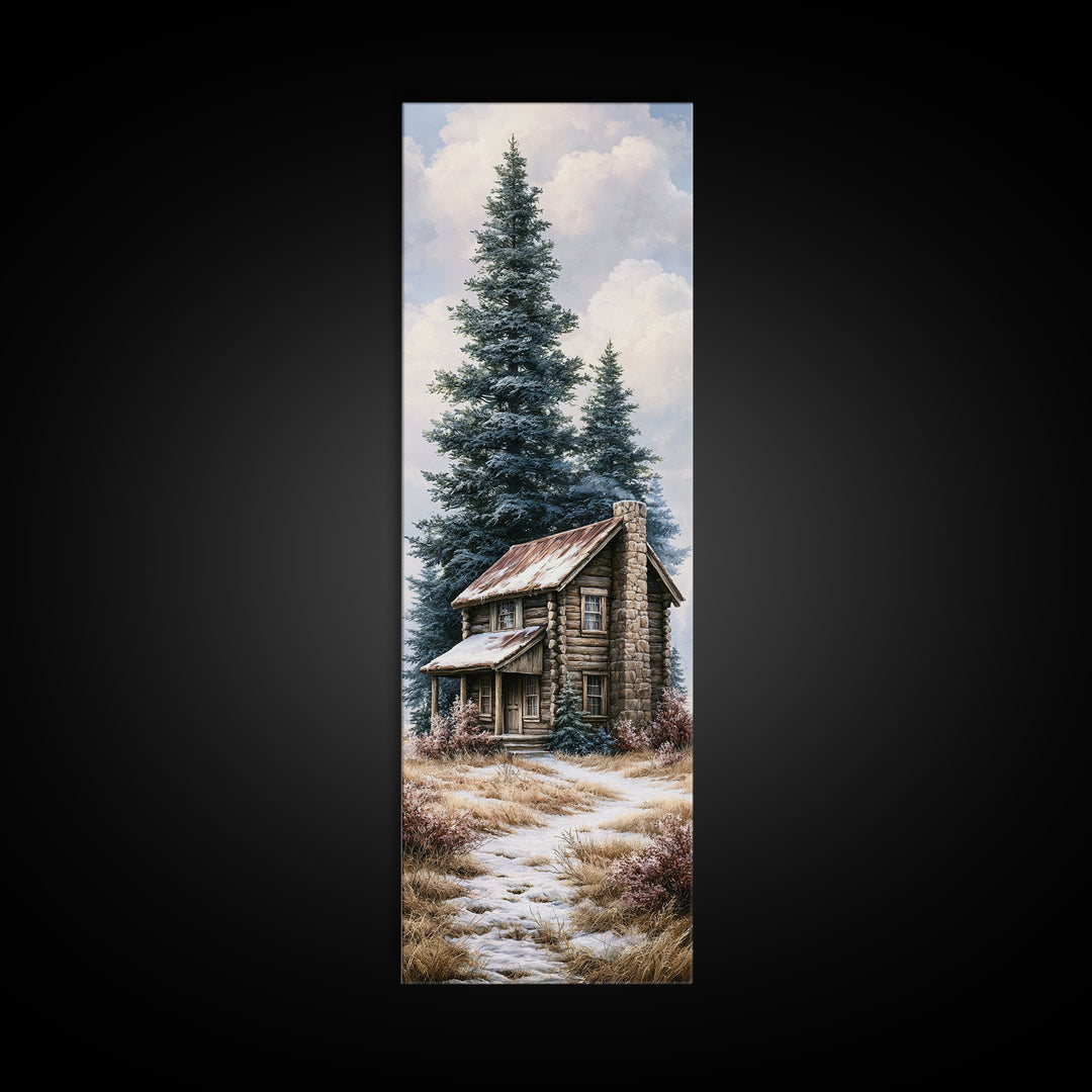 Log Cabin with Snowy Pines Canvas Print, Rustic Art, Digital Prints, Farmhouse Decor, Oil Painting, Rustic, 3d Wall Art, RUS-1x3-27