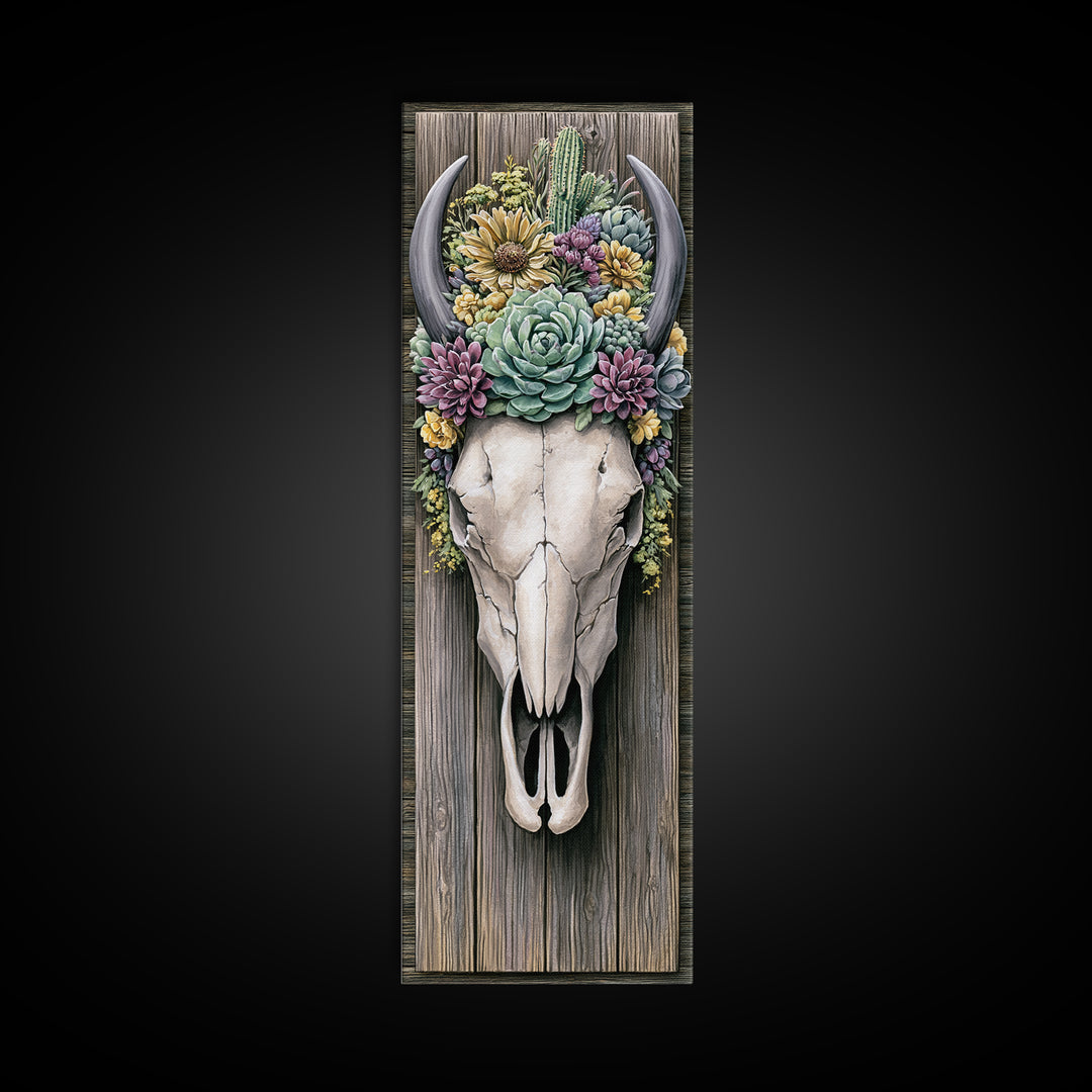 Cow Skull with Desert Flowers Framed Canvas Print, Rustic Art, Neutral Decor, Farmhouse Decor, Fine Art, Rustic, Home Decor, RUS-1x3-29