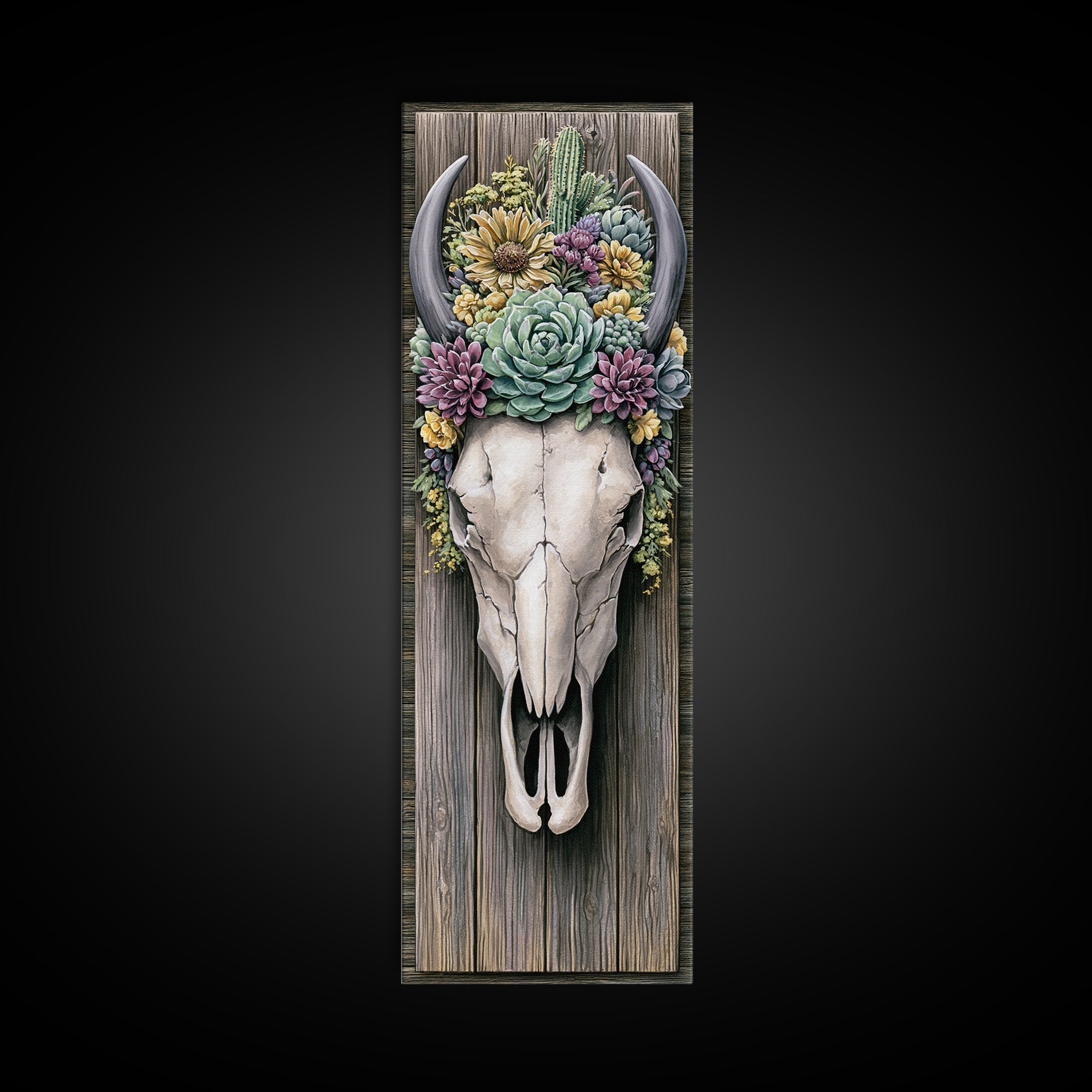 Cow Skull with Desert Flowers Framed Canvas Print, Rustic Art, Neutral Decor, Farmhouse Decor, Fine Art, Rustic, Home Decor, RUS-1x3-29