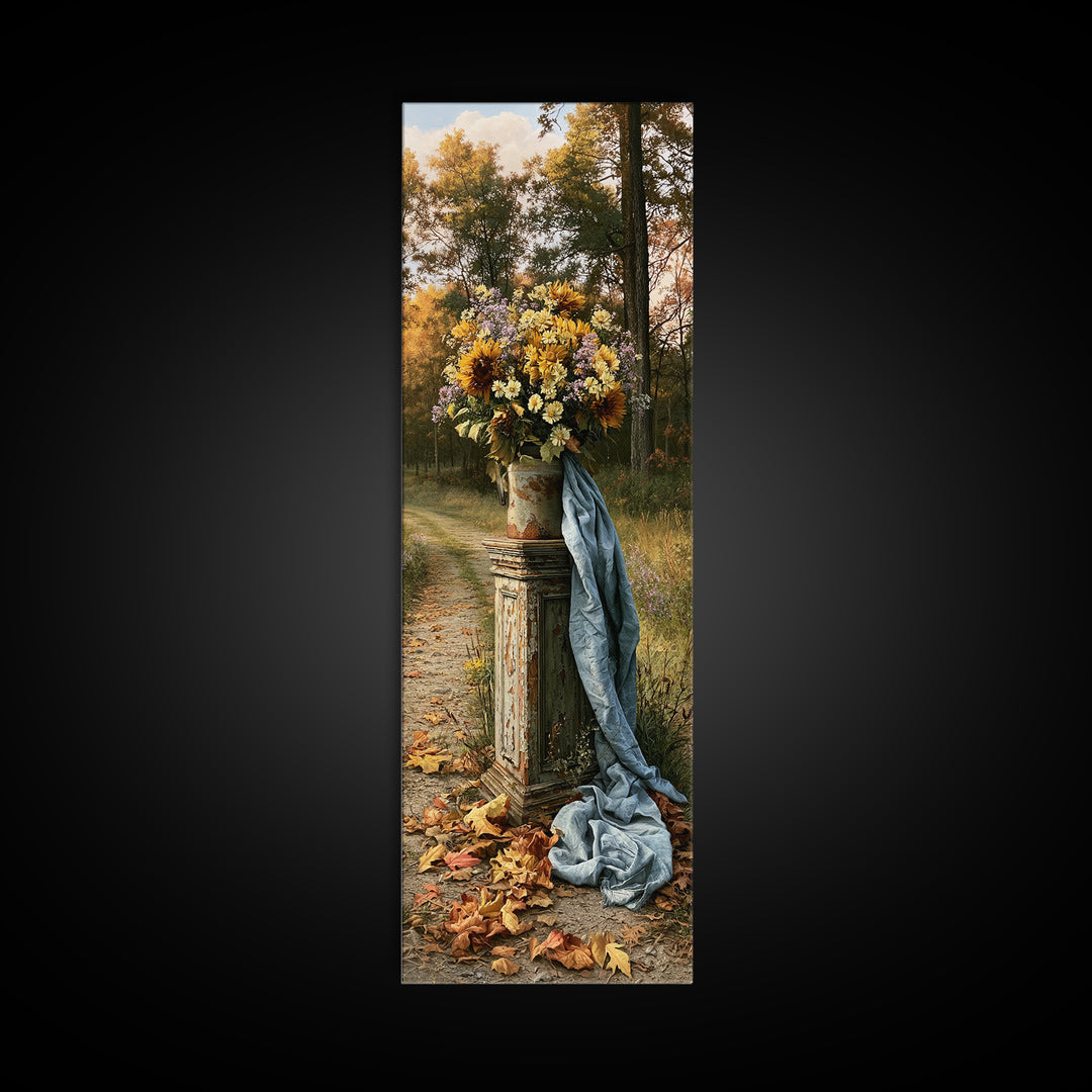 Forest Path with Golden Autumn Leaves Framed Canvas Print, Rustic Art, Portrait Painting, Farmhouse Decor, Fine Art, Rustic, RUS-1x3-30