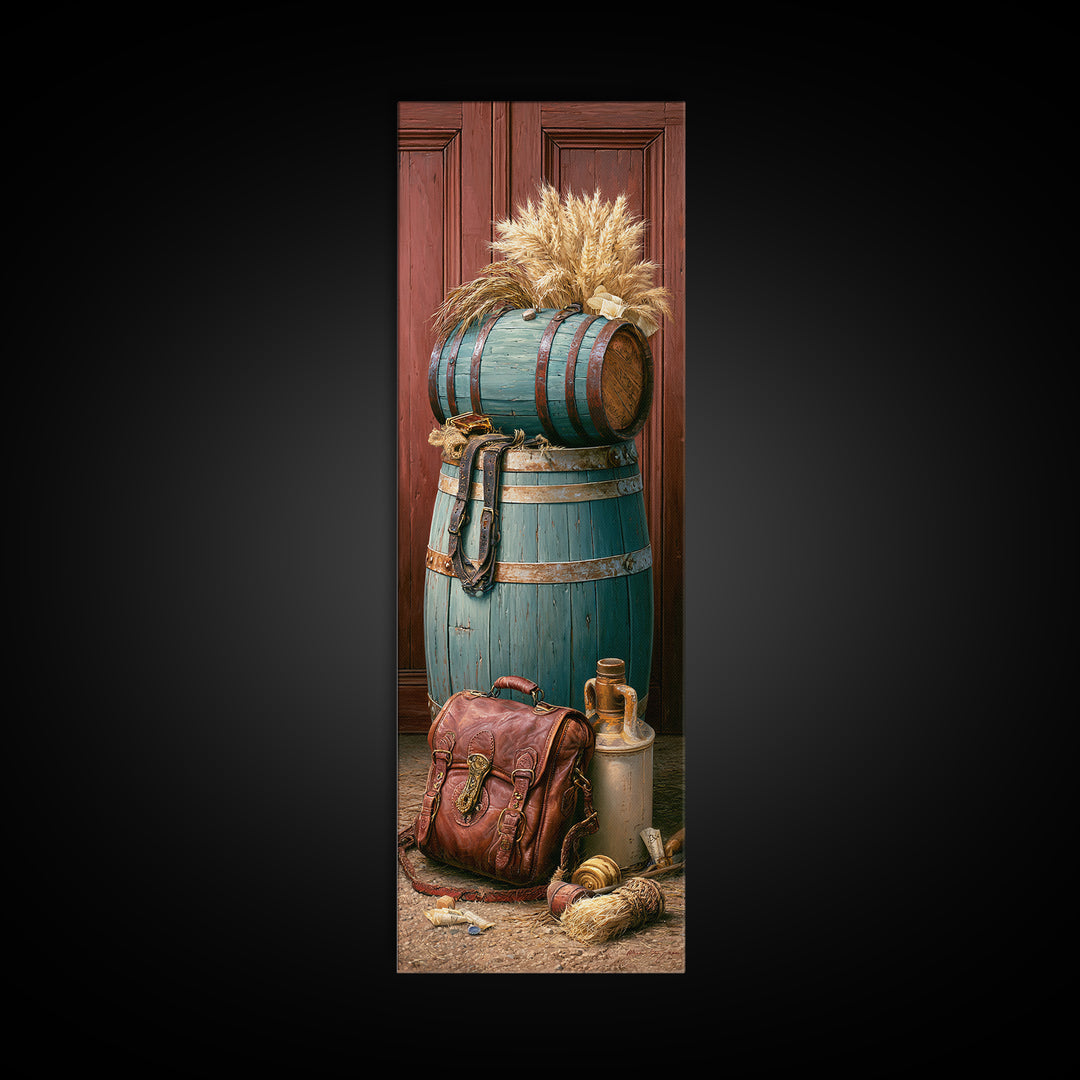 Whiskey Barrel and Leather Still Life Framed Canvas Print, Rustic Art, Art Print, Farmhouse Decor, Watercolor Art, Rustic, RUS-1x3-31