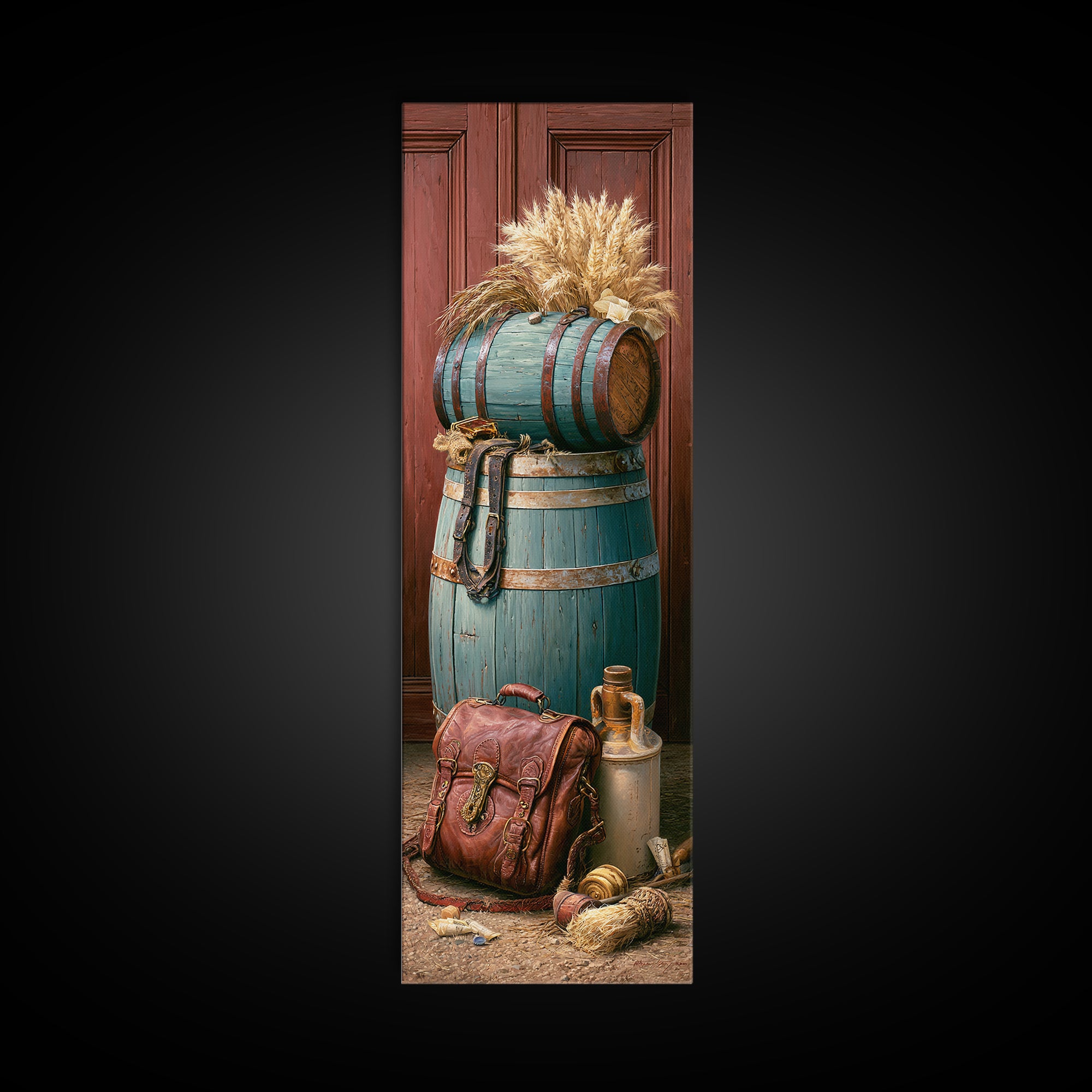 Whiskey Barrel and Leather Still Life Framed Canvas Print, Rustic Art, Art Print, Farmhouse Decor, Watercolor Art, Rustic, RUS-1x3-31