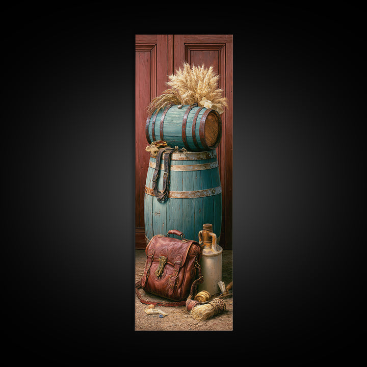 Whiskey Barrel and Leather Still Life Framed Canvas Print, Rustic Art, Art Print, Farmhouse Decor, Watercolor Art, Rustic, RUS-1x3-31