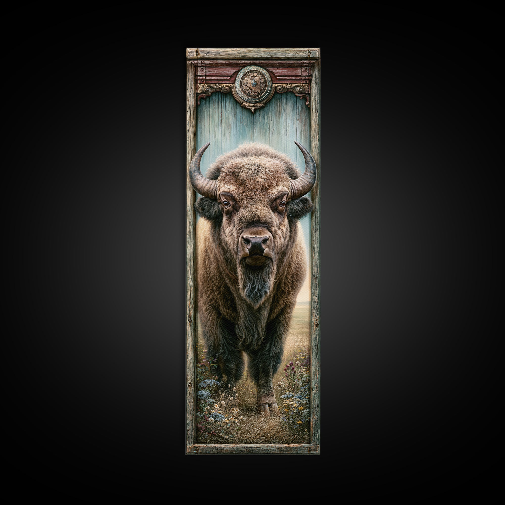 Buffalo Portrait with Western Texture Framed Canvas Print, Rustic Art, Gallery Wall Art, Farmhouse Decor, Fine Art, Rustic, RUS-1x3-34
