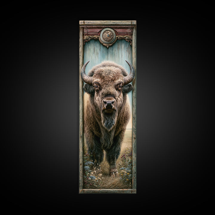 Buffalo Portrait with Western Texture Framed Canvas Print, Rustic Art, Gallery Wall Art, Farmhouse Decor, Fine Art, Rustic, RUS-1x3-34