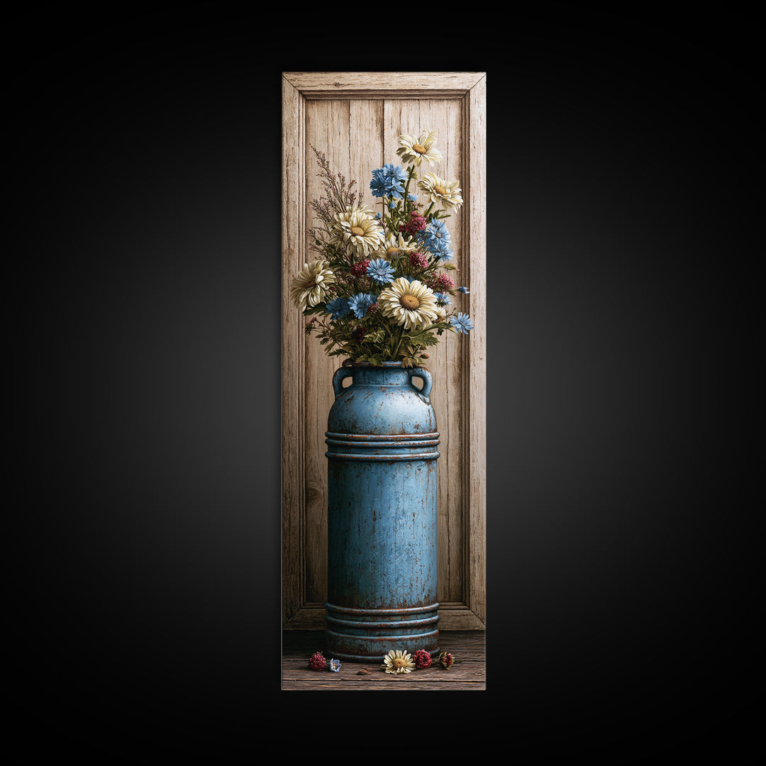 Weathered Barn Wood and Wildflower Still Life Canvas Print, Rustic Art, Fine Art Print, Farmhouse Decor, Oil Painting, Rustic, RUS-1x3-37