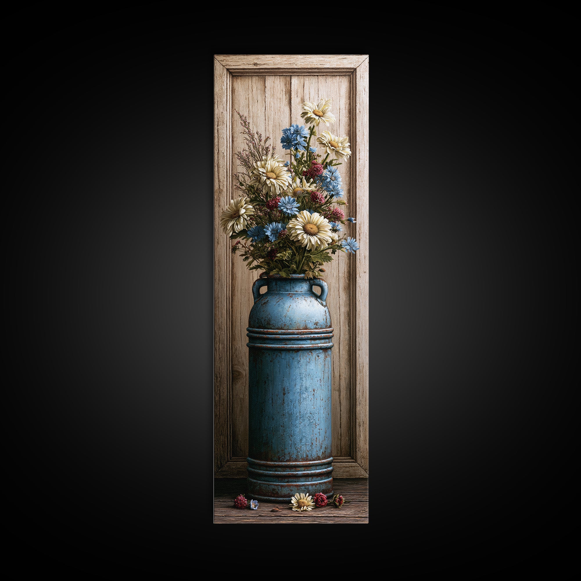 Weathered Barn Wood and Wildflower Still Life Canvas Print, Rustic Art, Fine Art Print, Farmhouse Decor, Oil Painting, Rustic, RUS-1x3-37