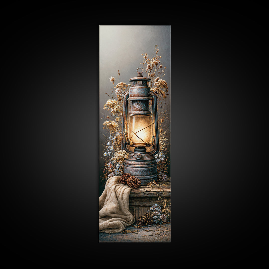 Rustic Lantern Glowing Beside Pinecones Canvas Print, Rustic Art, Digital Prints, Farmhouse Decor, Rustic, 3d Wall Art, RUS-1x3-40